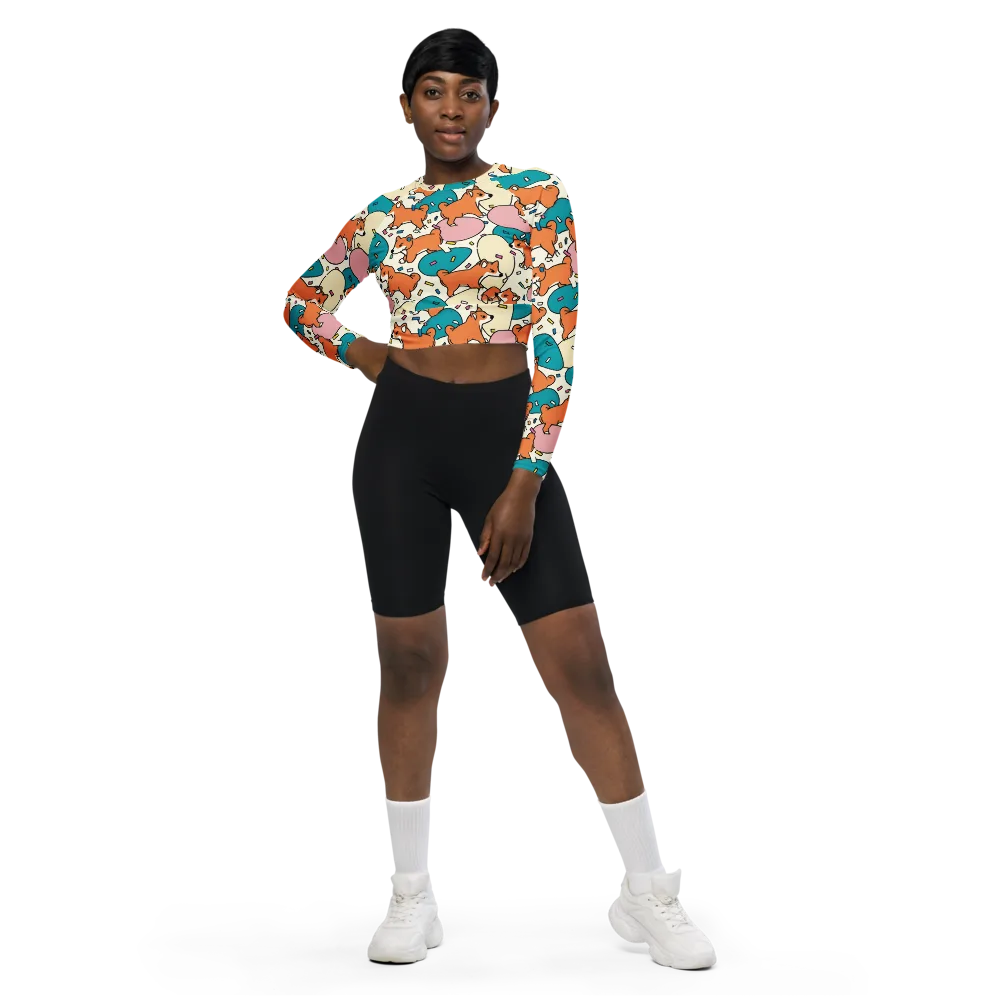 Coral Corgi Carnival on Long Sleeve Crop Top — Front