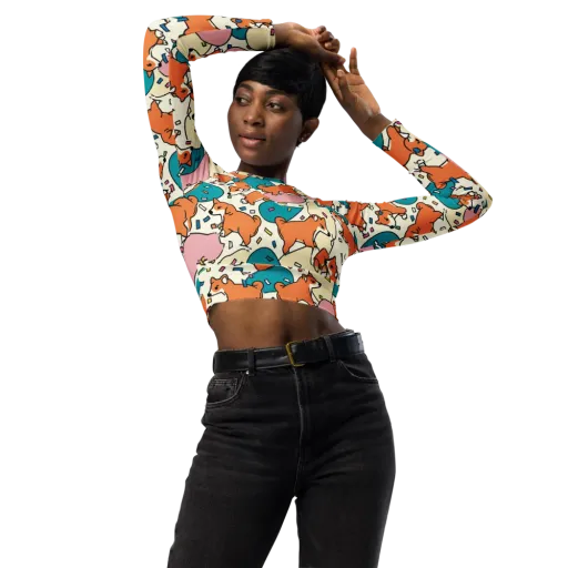 Coral Corgi Carnival on a Long Sleeve Crop Top