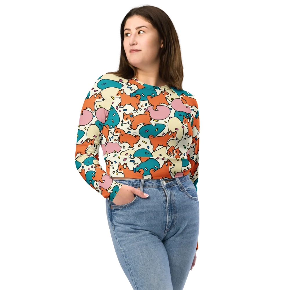Coral Corgi Carnival on Long Sleeve Crop Top — Front