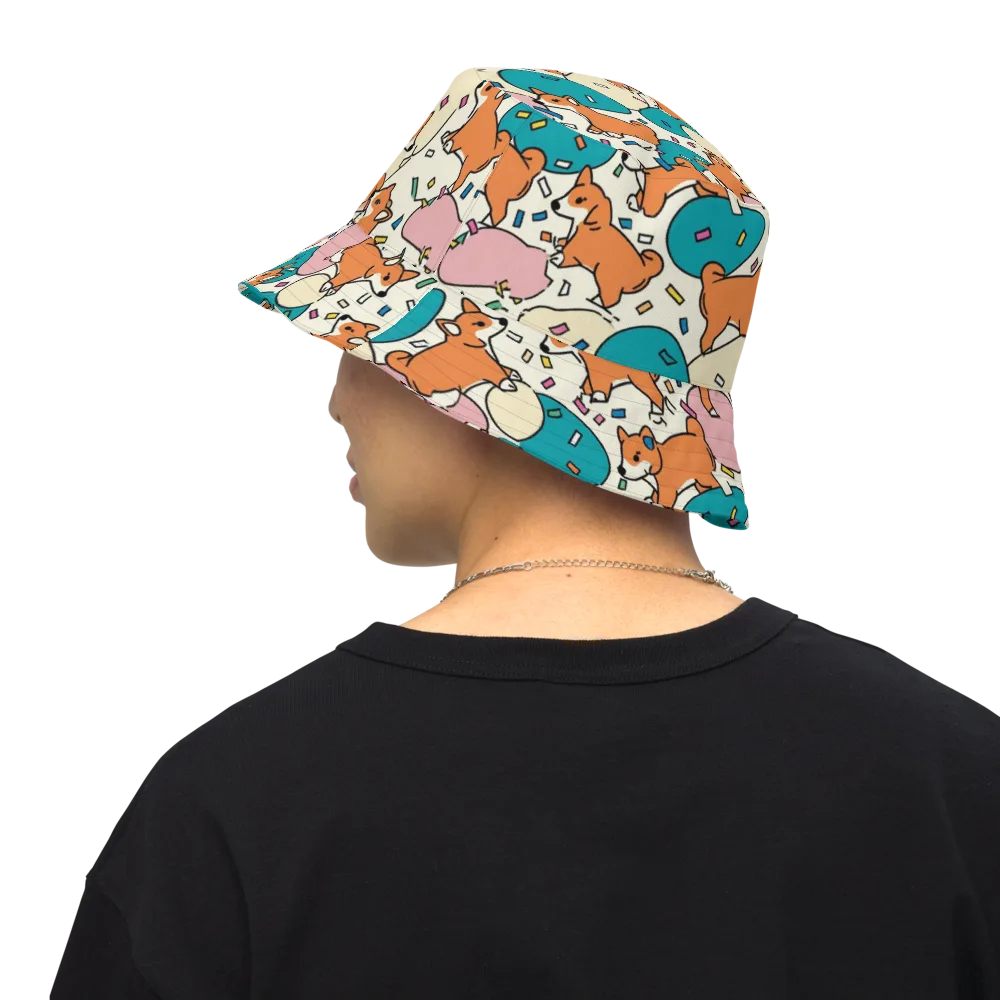 Coral Corgi Carnival on Reversible Bucket Hat — Back Inside