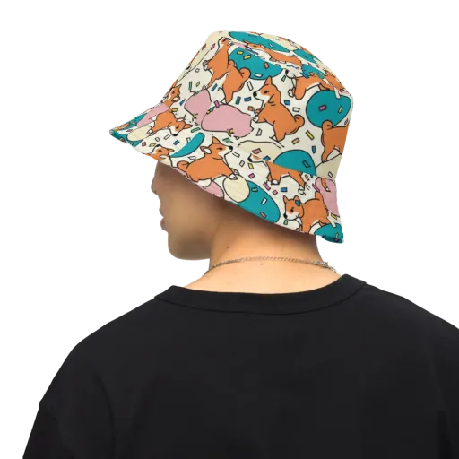 Coral Corgi Carnival on a Reversible Bucket Hat
