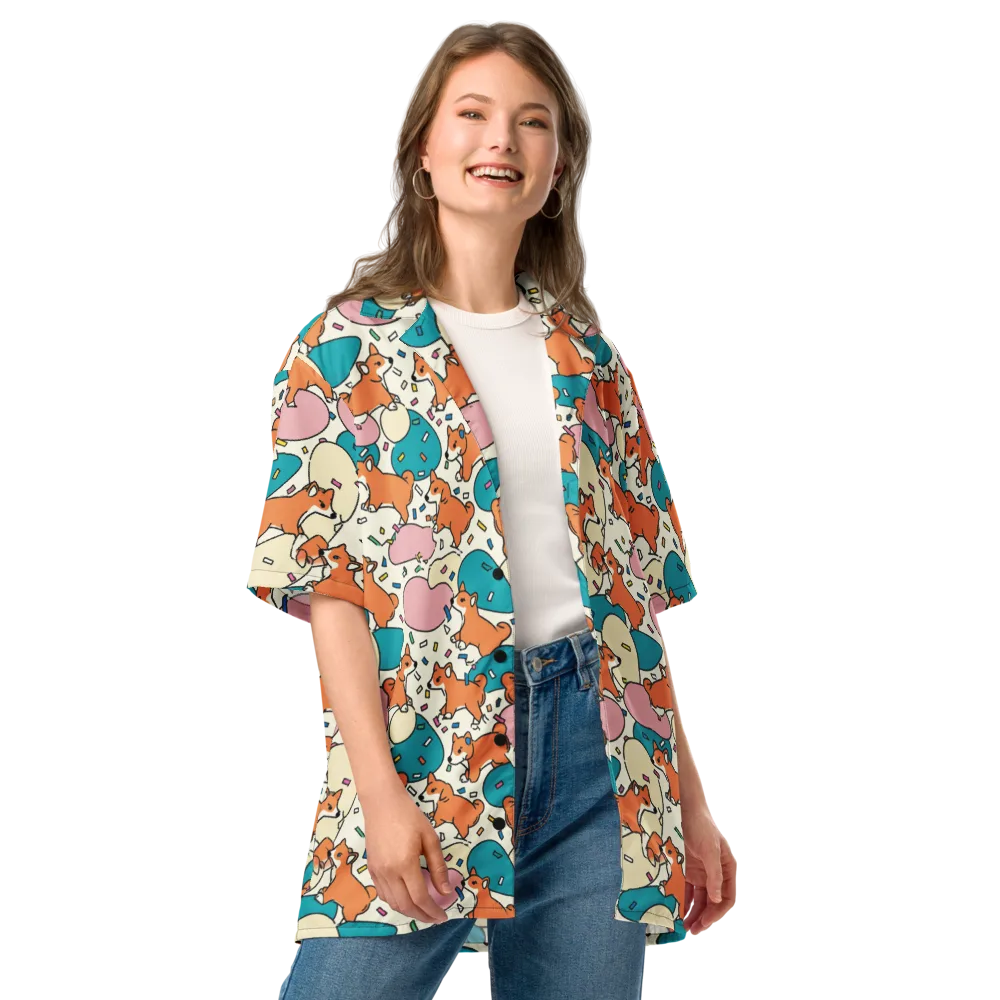 Coral Corgi Carnival on Button Shirt — Front