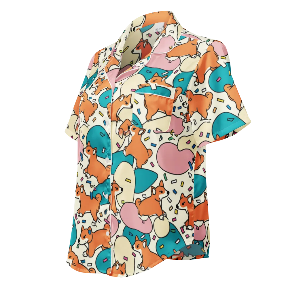Coral Corgi Carnival on Women's Short Sleeve Pajama Top — Left Front