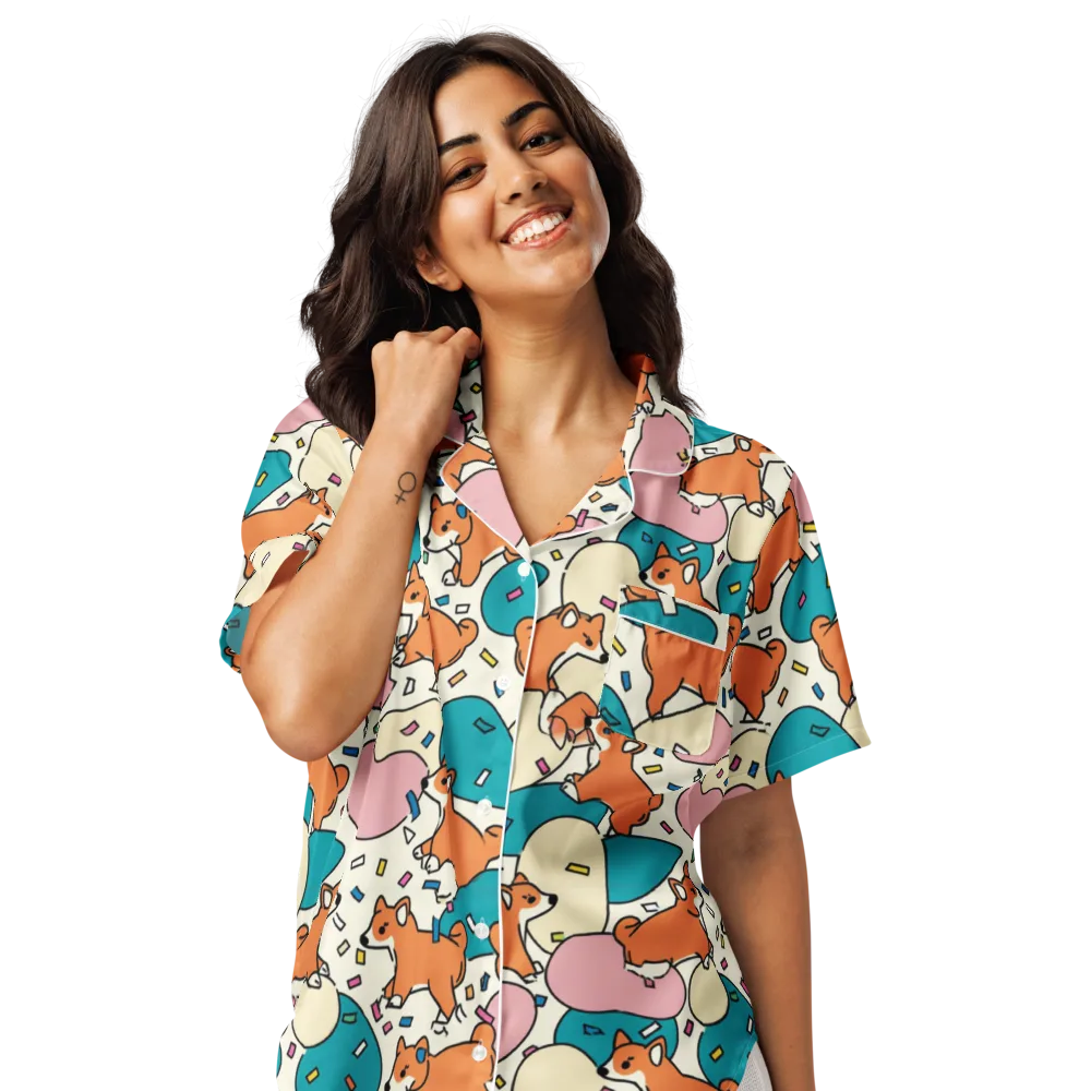 Coral Corgi Carnival on Women's Short Sleeve Pajama Top — Front