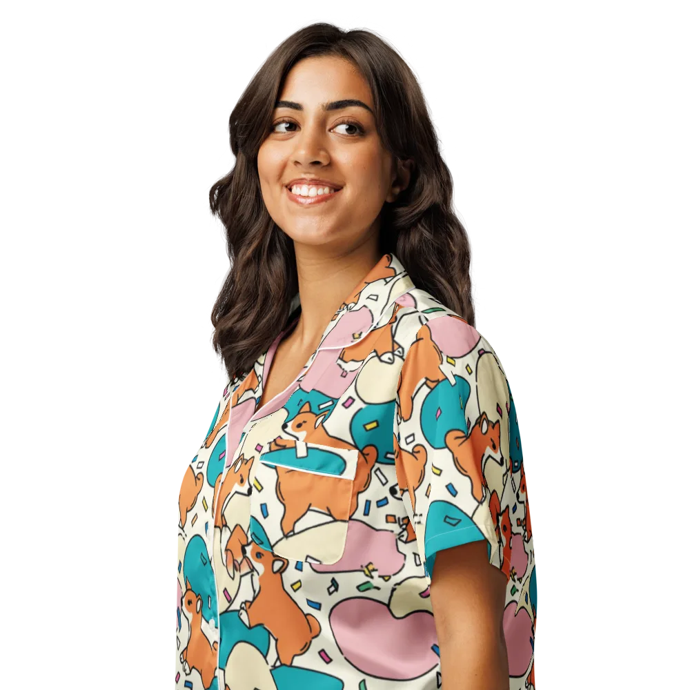 Coral Corgi Carnival on Women's Short Sleeve Pajama Top — Left Front