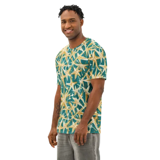 Teal Starburst on a Men's Cotton Crew Neck T-Shirt