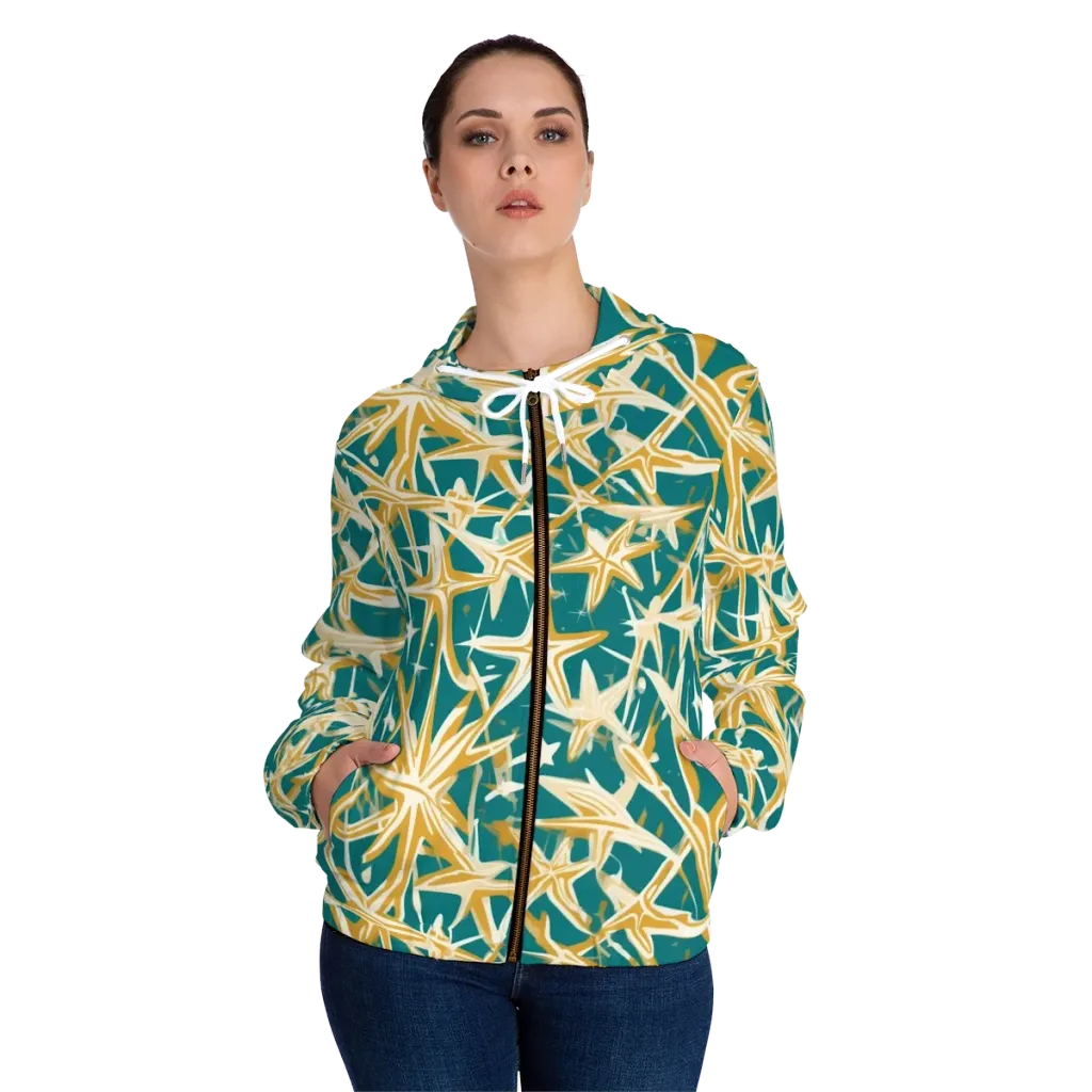 Teal Starburst on Women's Full-Zip Hoodie — Front On Person