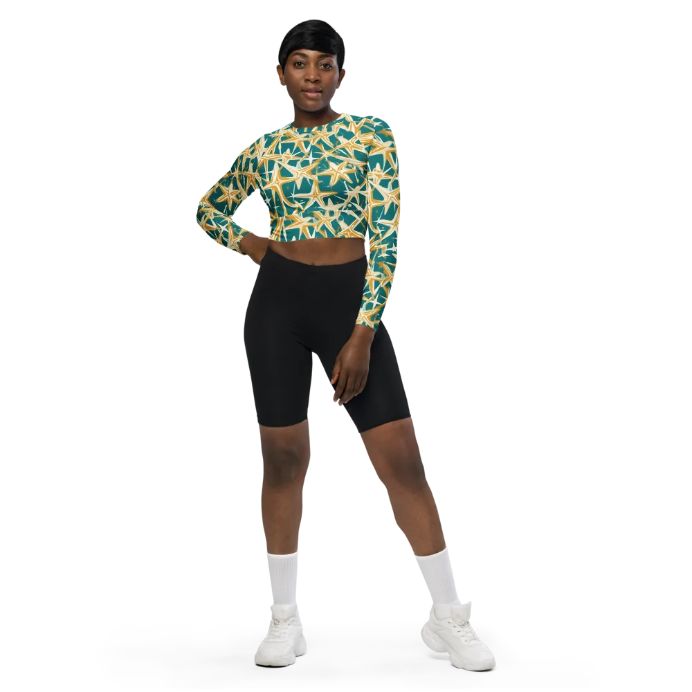Teal Starburst on Long Sleeve Crop Top — Front