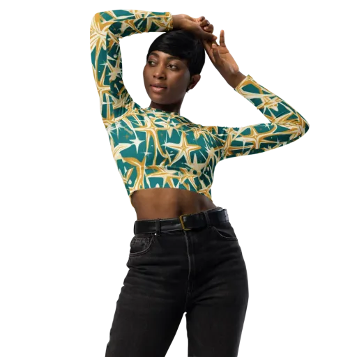 Teal Starburst on a Long Sleeve Crop Top