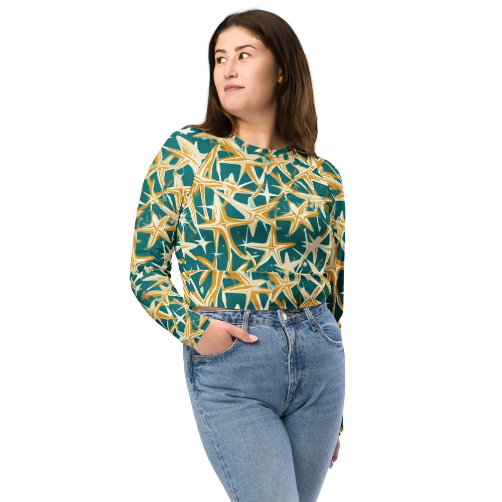 Teal Starburst on Long Sleeve Crop Top — Front