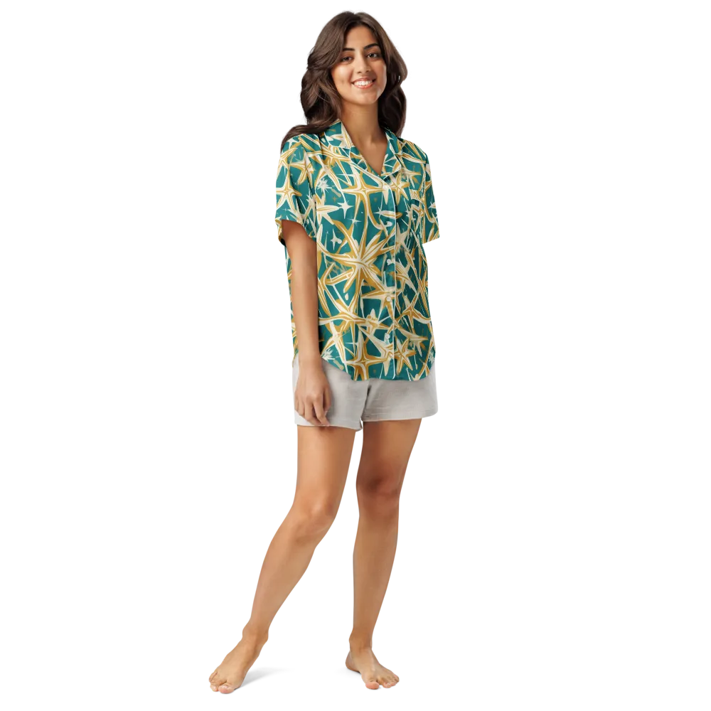 Teal Starburst on Women's Short Sleeve Pajama Top — Front