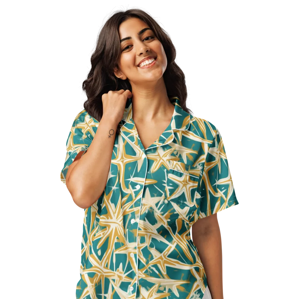 Teal Starburst on Women's Short Sleeve Pajama Top — Front