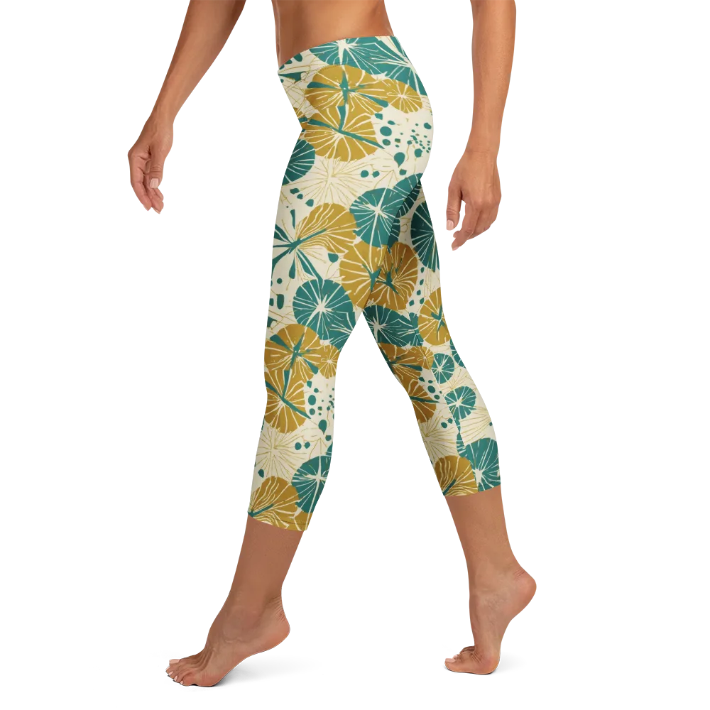 Ochre Lotus Field on Capri Leggings — Left