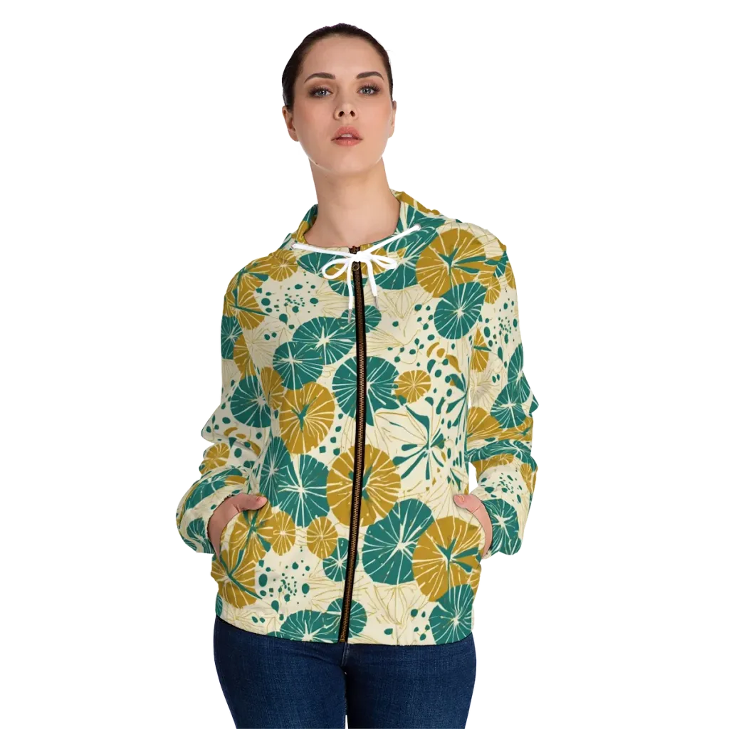 Ochre Lotus Field on Women's Full-Zip Hoodie — Front On Person