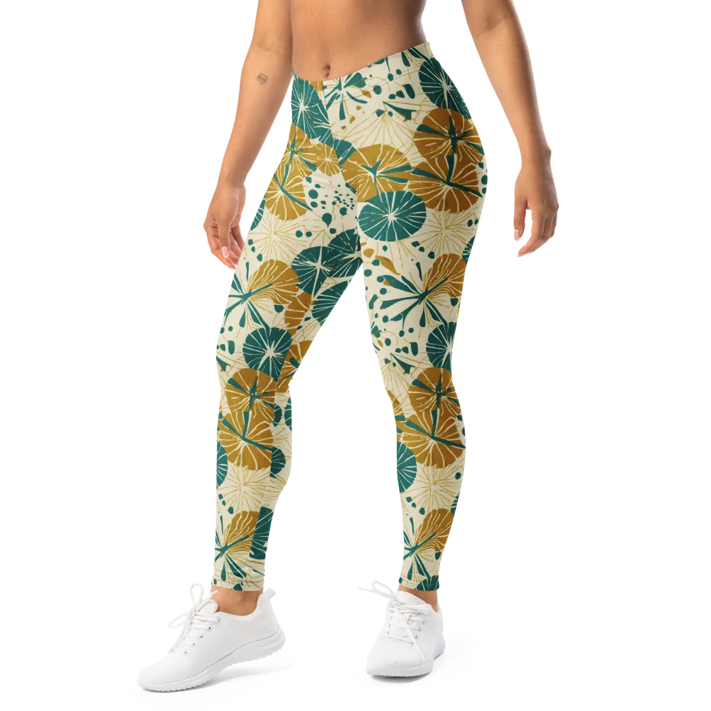 Ochre Lotus Field on Leggings — Left Front