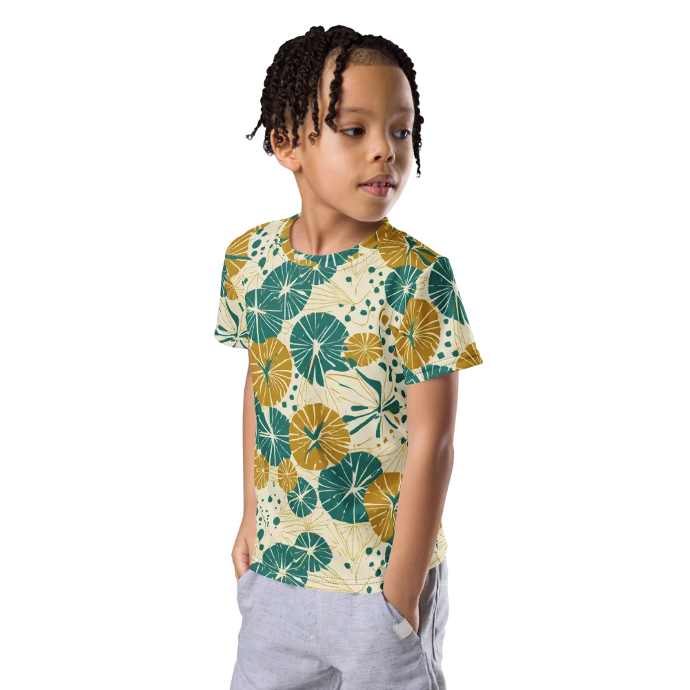 Ochre Lotus Field on Kids Crew Neck T-Shirt — Left Front