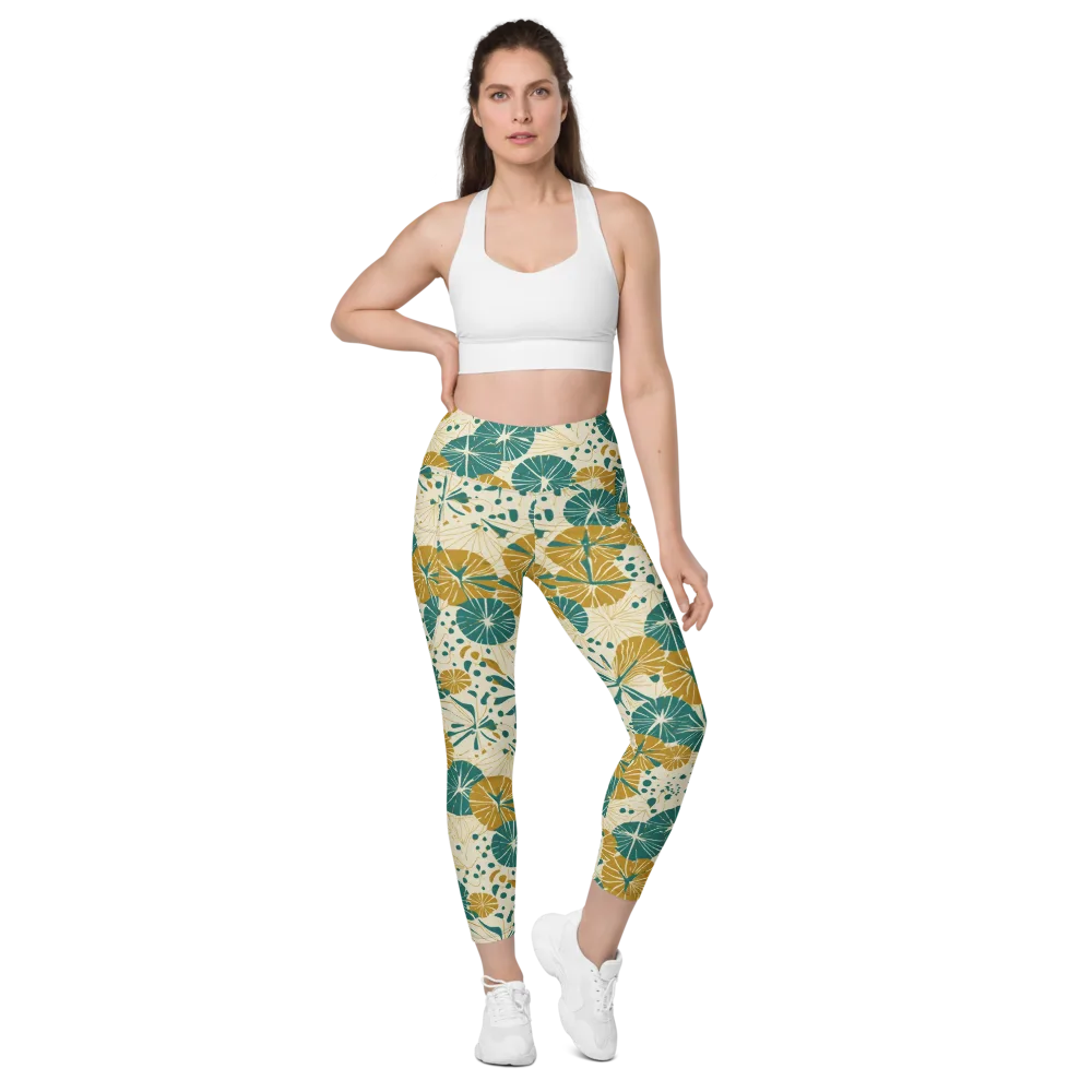 Ochre Lotus Field on Leggings with Pockets — Front