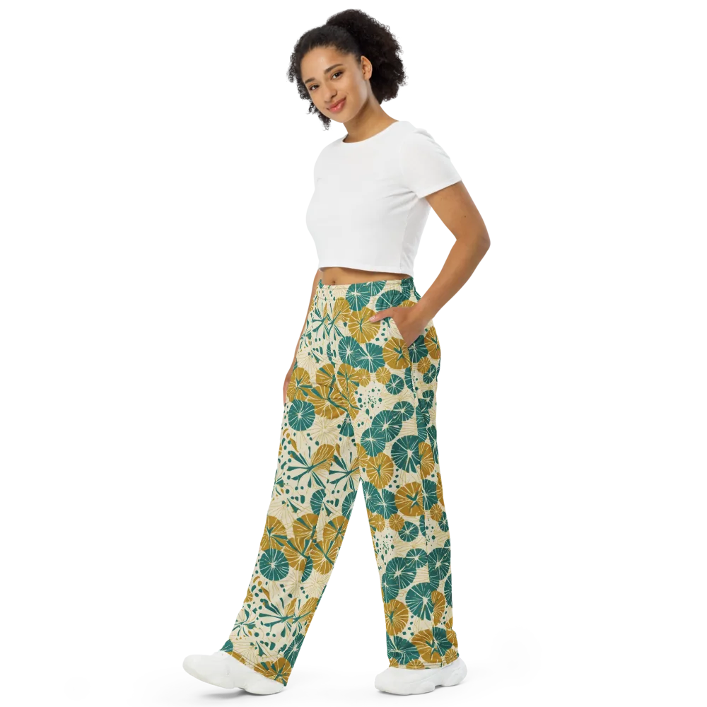 Ochre Lotus Field on Wide-Leg Pants — Left Front