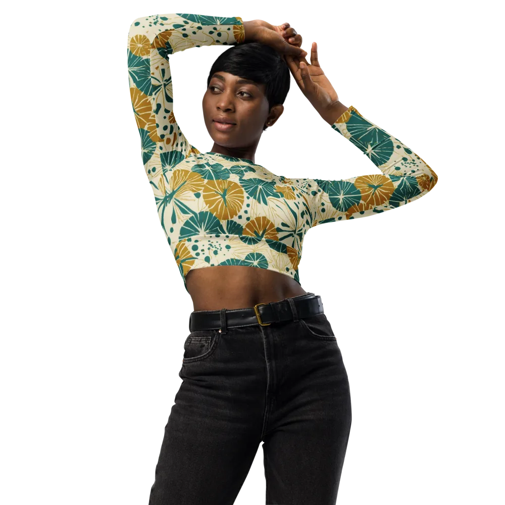 Ochre Lotus Field on Long Sleeve Crop Top — Front