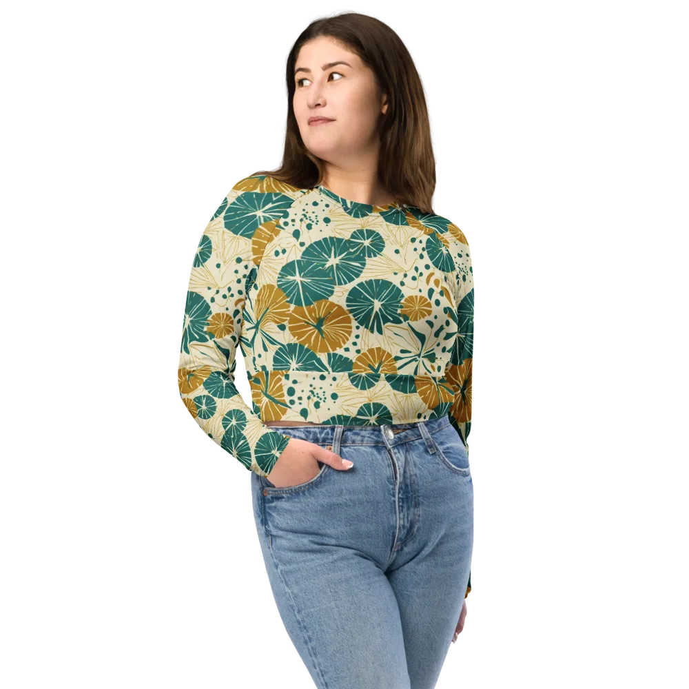 Ochre Lotus Field on Long Sleeve Crop Top — Front
