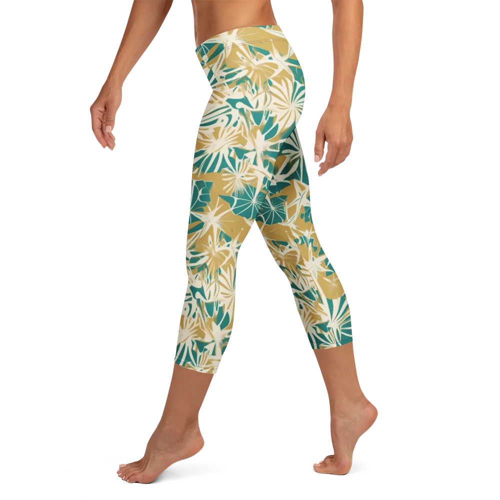 Teal Garden Rhapsody on Capri Leggings — Left