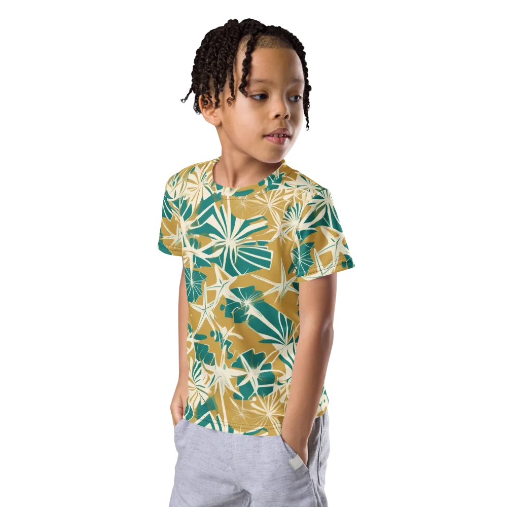 Teal Garden Rhapsody on Kids Crew Neck T-Shirt — Left Front