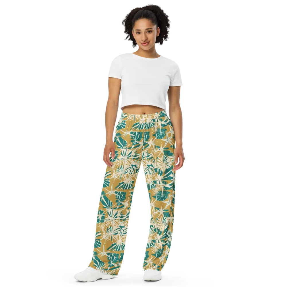 Teal Garden Rhapsody on Wide-Leg Pants — Front