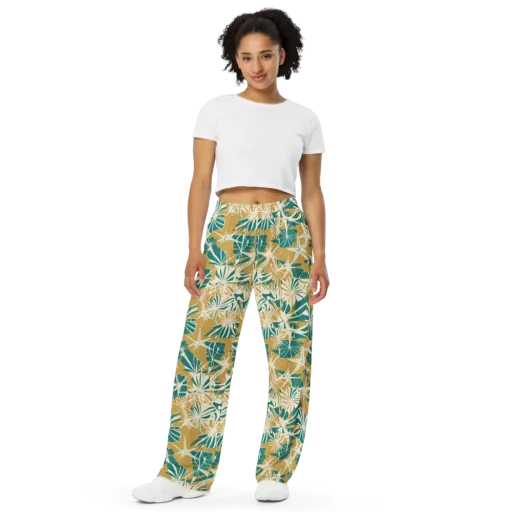 Teal Garden Rhapsody on a Wide-Leg Pants