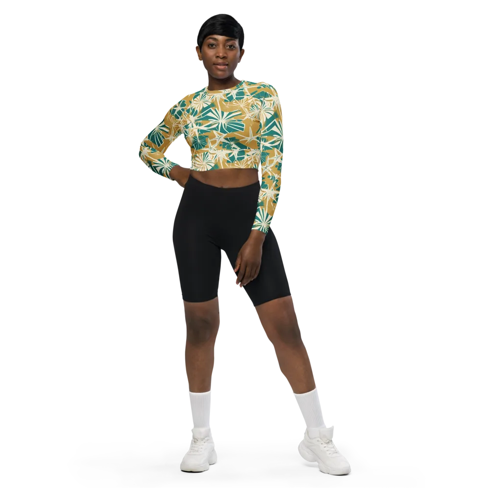 Teal Garden Rhapsody on Long Sleeve Crop Top — Front