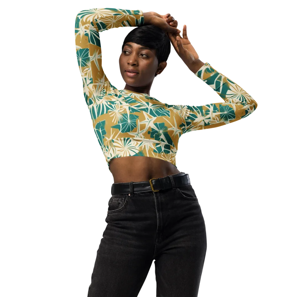 Teal Garden Rhapsody on Long Sleeve Crop Top — Front
