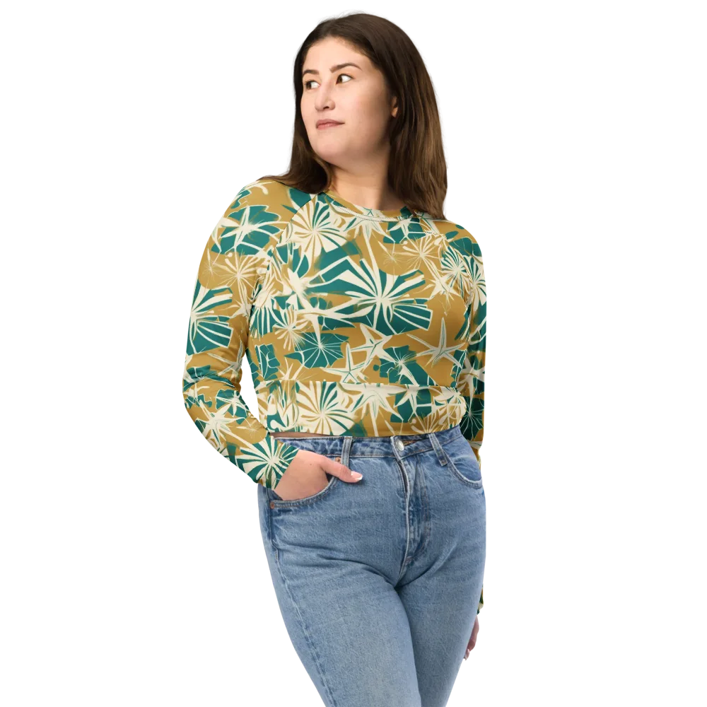 Teal Garden Rhapsody on Long Sleeve Crop Top — Front
