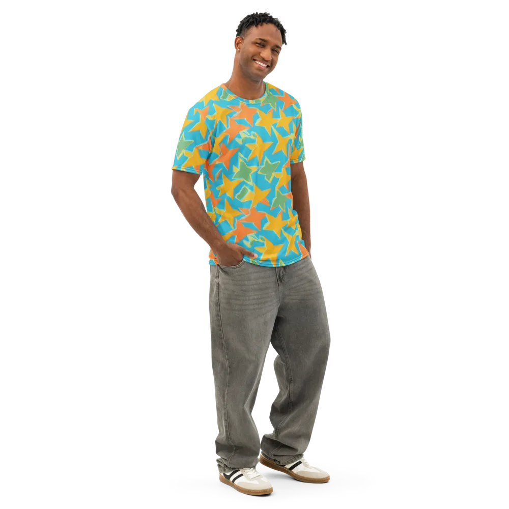 Turquoise Stardust on Men's Cotton Crew Neck T-Shirt — Right Front