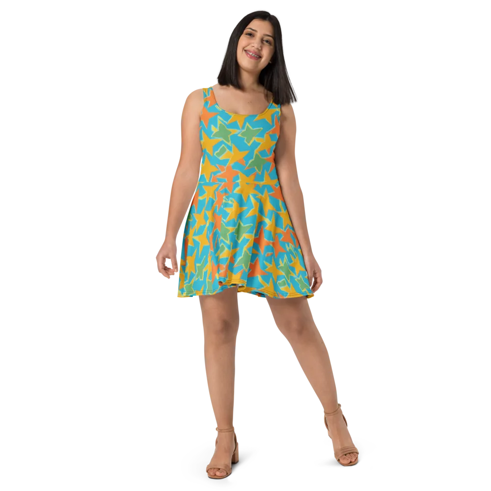 Turquoise Stardust on Skater Dress — Front