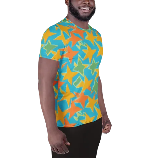 Turquoise Stardust on a Men's Athletic T-Shirt
