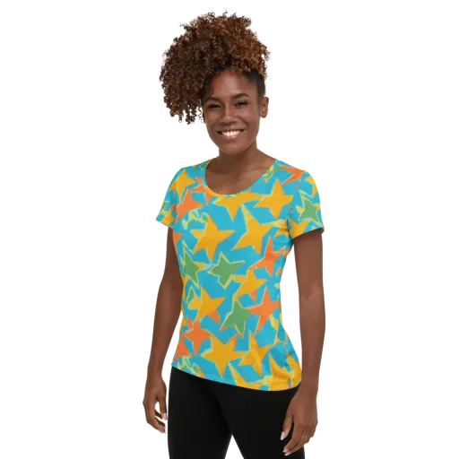 Turquoise Stardust on a Women's Athletic T-Shirt