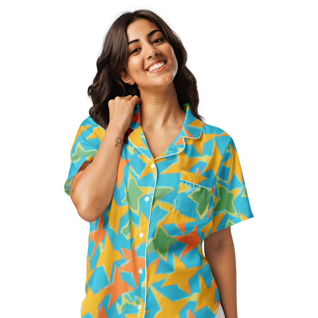 Turquoise Stardust on Women's Short Sleeve Pajama Top — Front