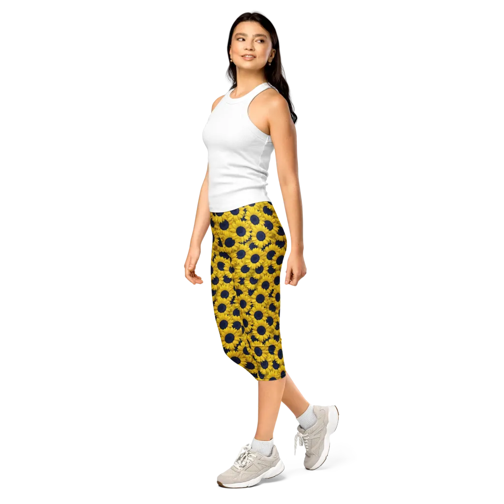 Midnight Sunflowers on Capri Leggings — Left Front