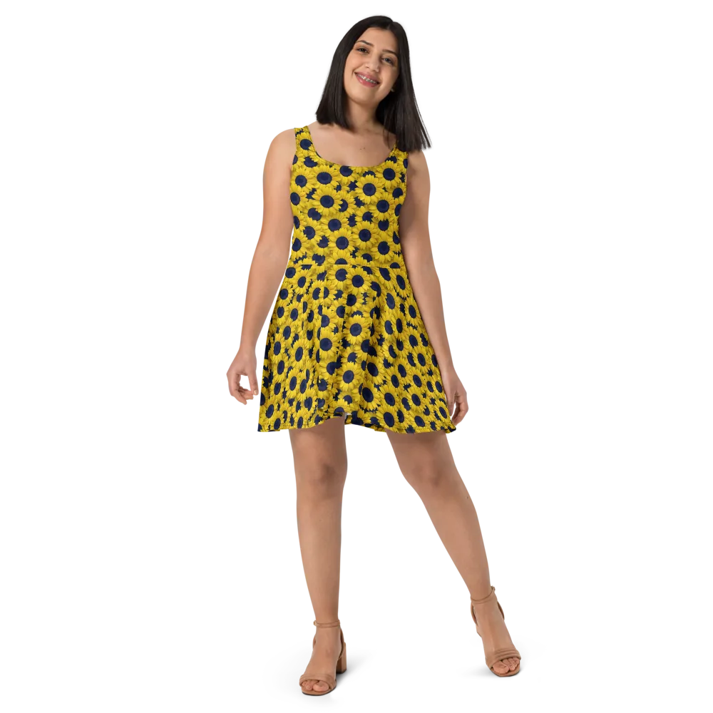Midnight Sunflowers on Skater Dress — Front