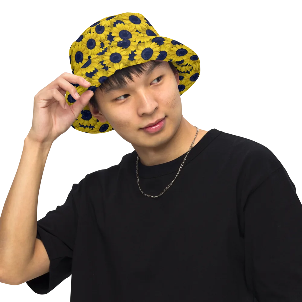 Midnight Sunflowers on Reversible Bucket Hat — Front Inside