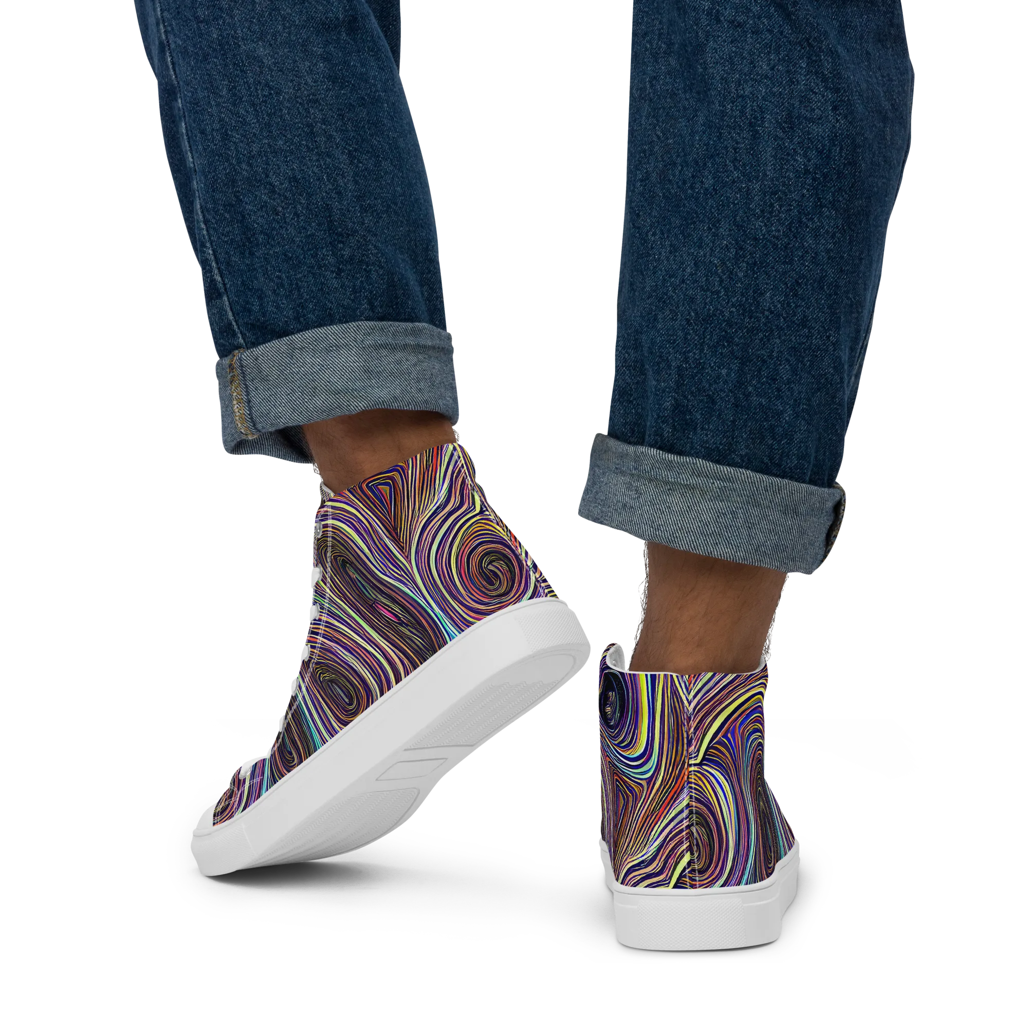 Neon Topography on Men's High Top Canvas Shoes — Back