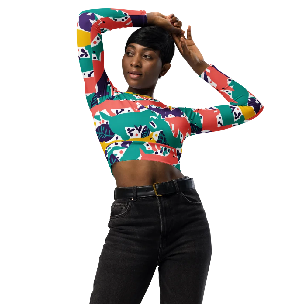 Wildlife Parade on Long Sleeve Crop Top — Front