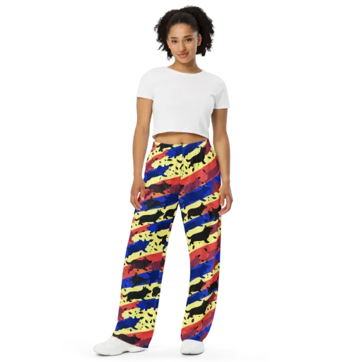 Neon Kennel Parade on a Wide-Leg Pants