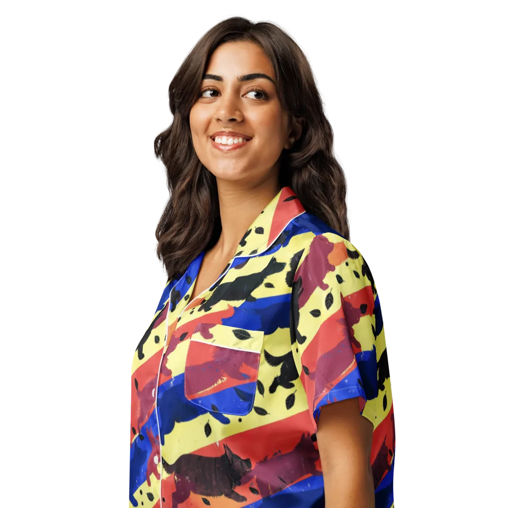Neon Kennel Parade on Women's Short Sleeve Pajama Top — Left Front