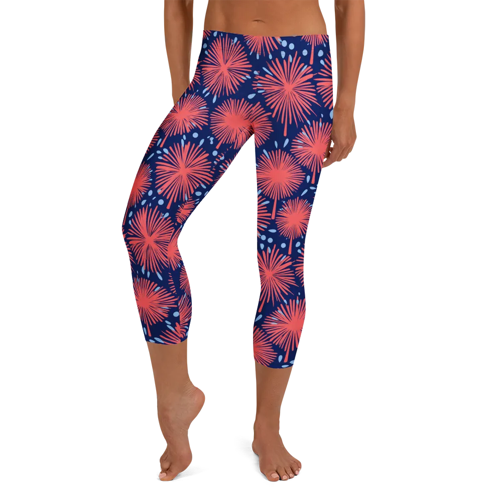 Coral Fireflower on Capri Leggings — Front