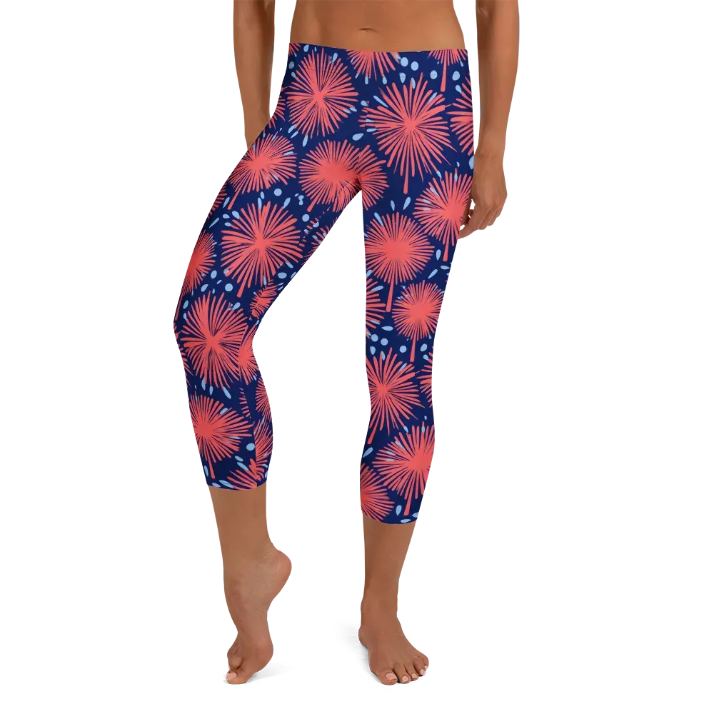 Coral Fireflower on Capri Leggings — Front