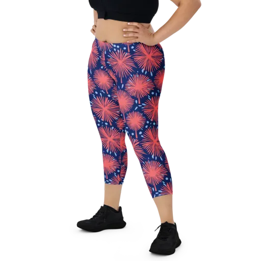 Coral Fireflower on a Capri Leggings