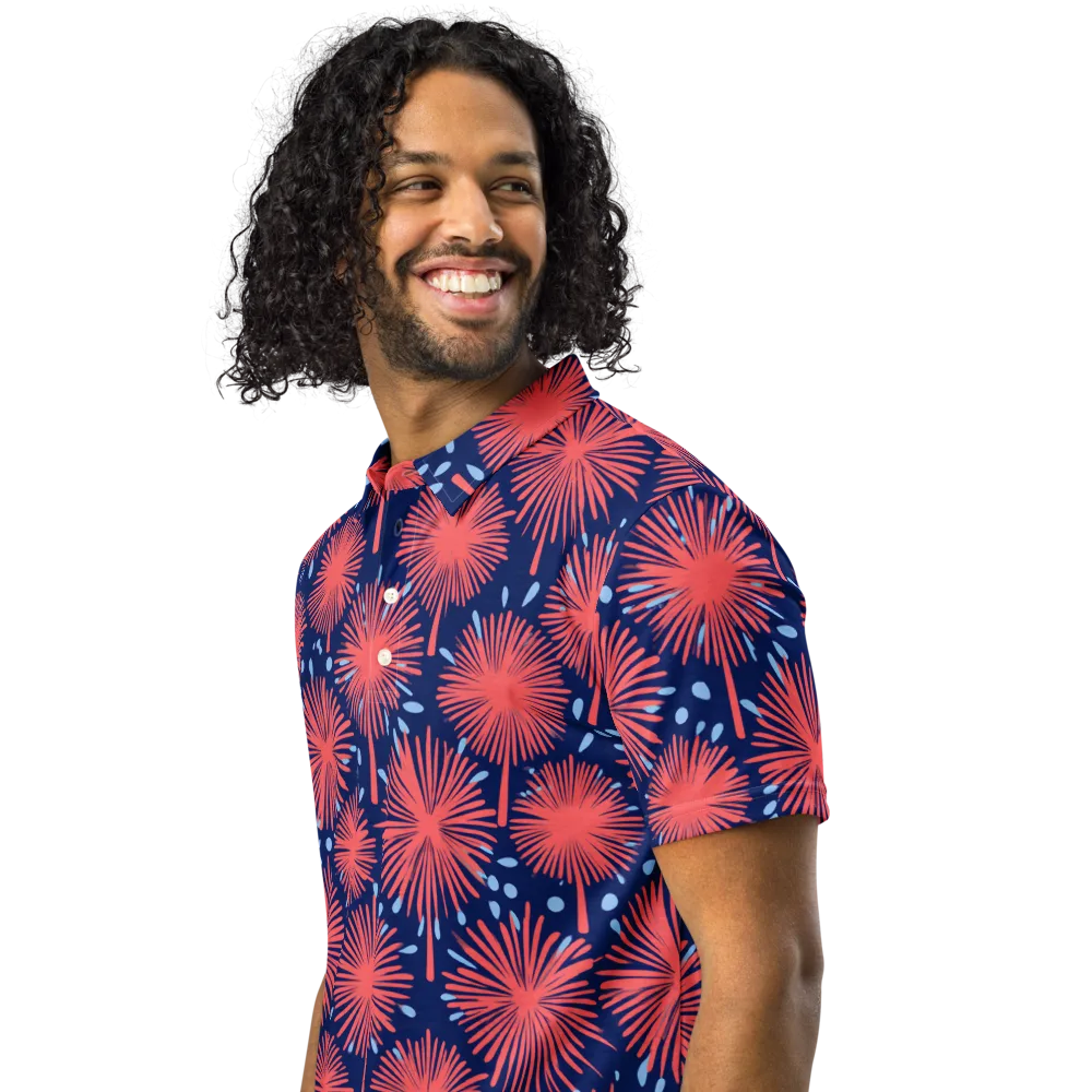 Coral Fireflower on Men's Slim Fit Polo Shirt — Left Front