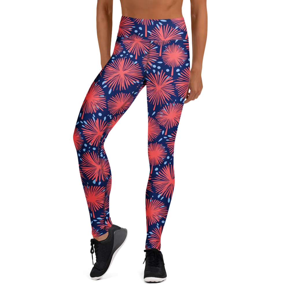 Coral Fireflower on Yoga Leggings — Front