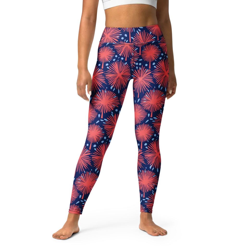 Coral Fireflower on Yoga Leggings — Front