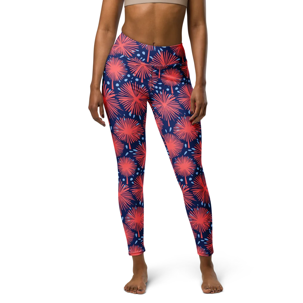 Coral Fireflower on Yoga Leggings — Front